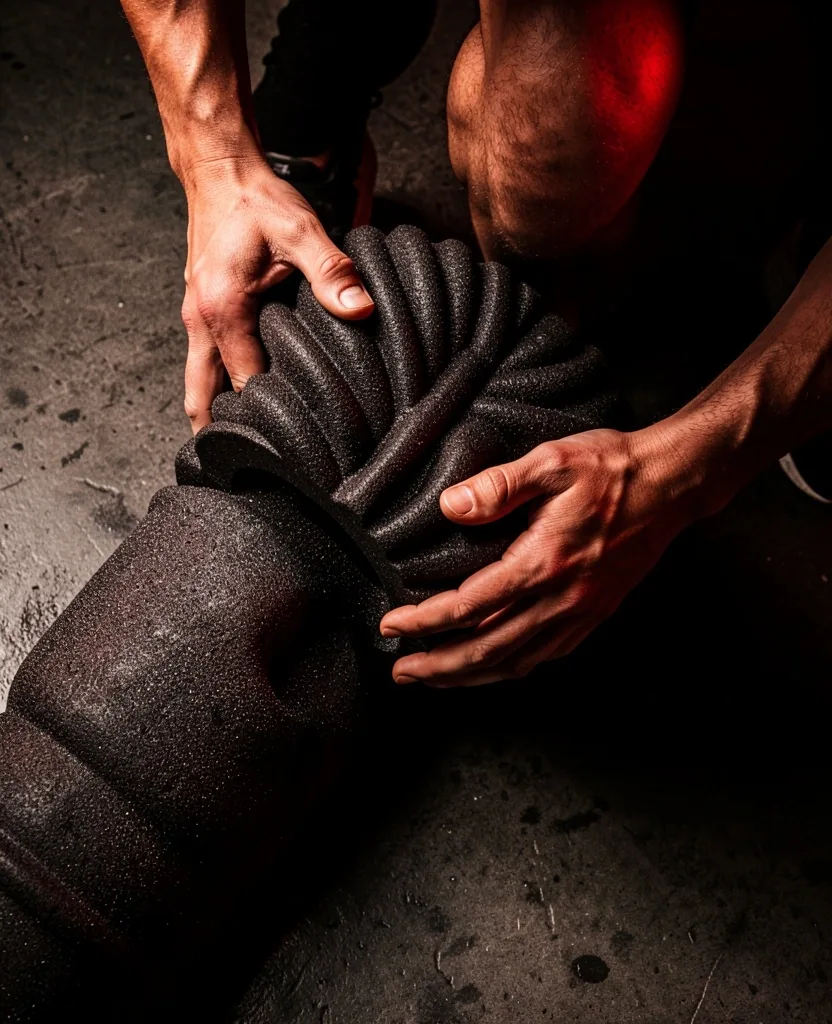 Close-up of a textured foam roller in use, showing the dense foam surface detail