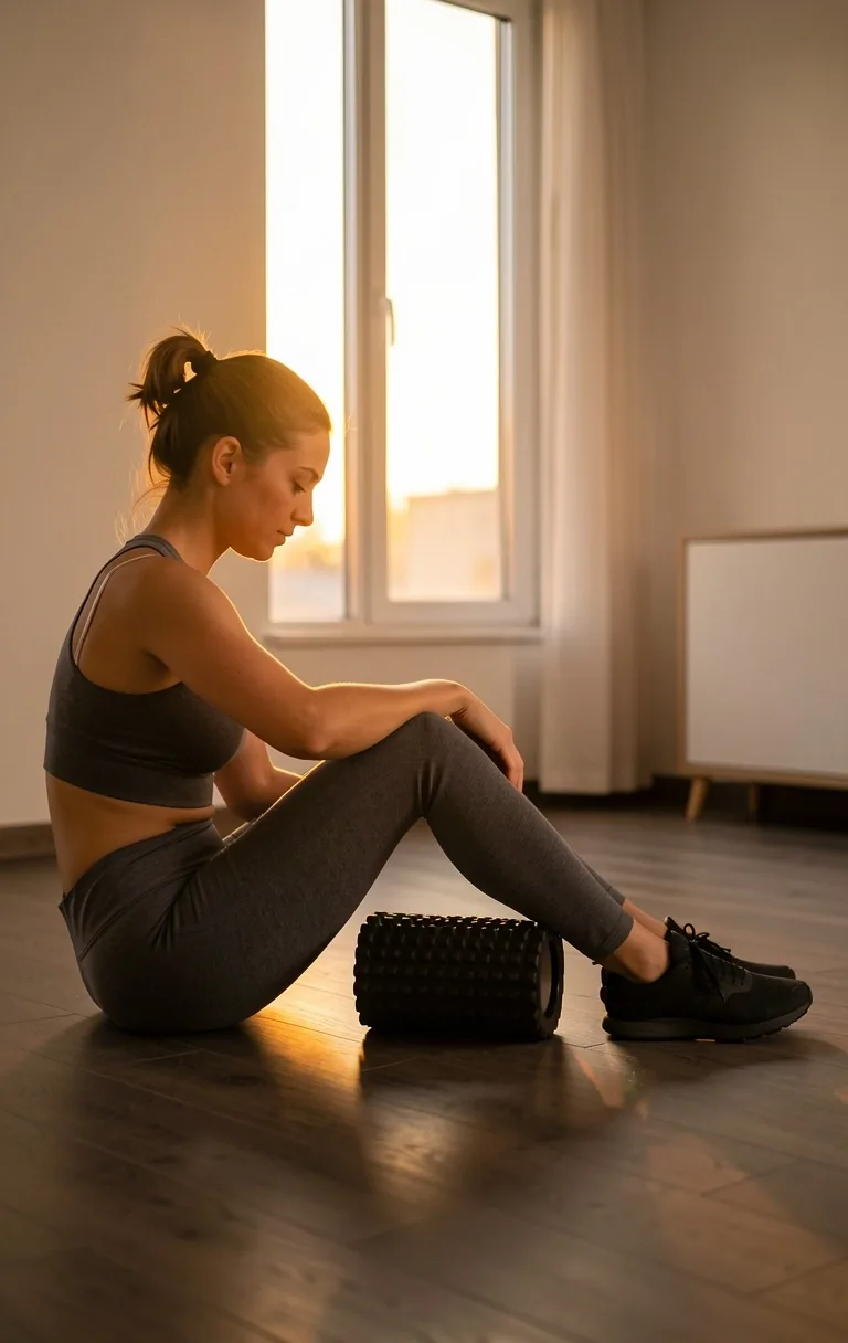 Person using a foam roller in a home recovery space