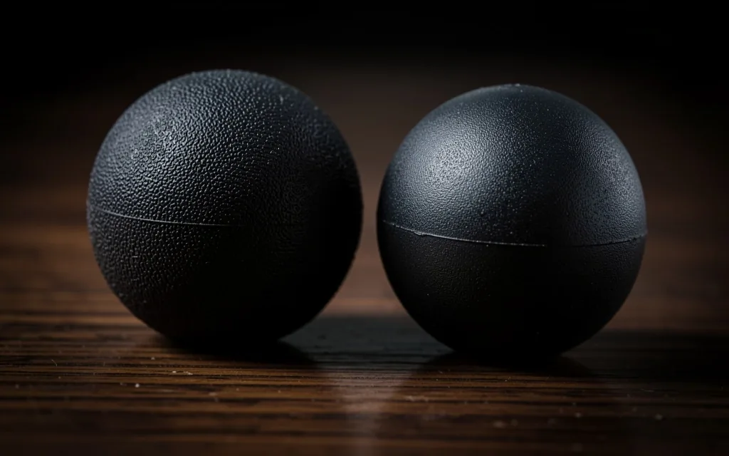 Massage balls set on a wooden bench
