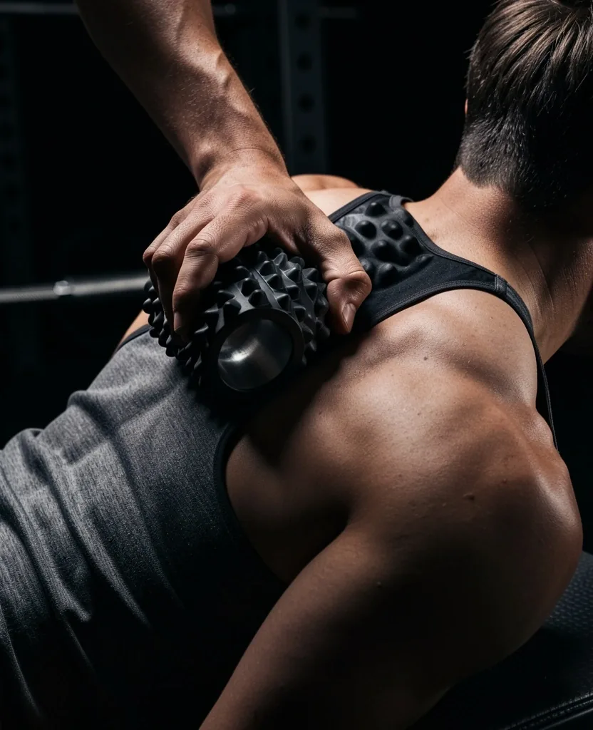 Person using foam roller on upper back
