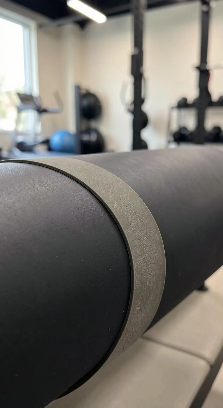 Rolled yoga mat in a dark studio